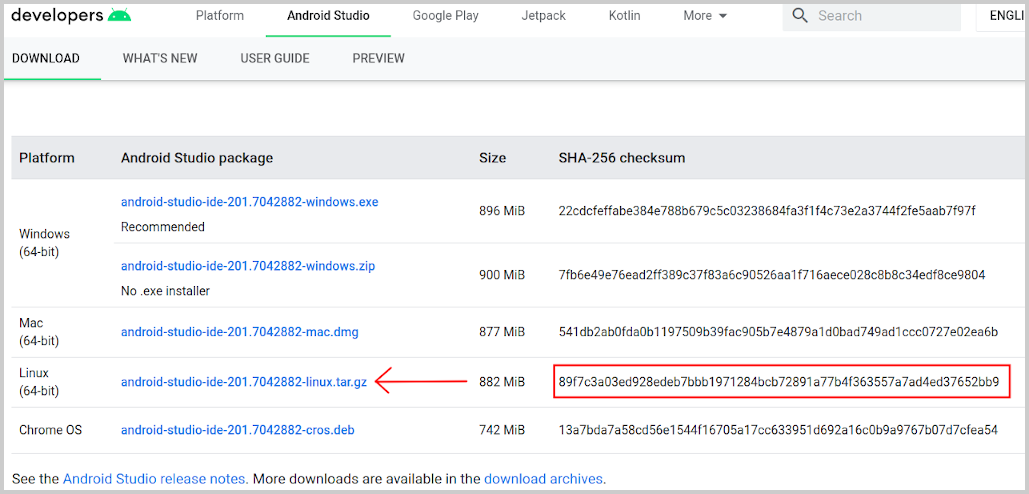 Android Studio SHA-256 Checksum