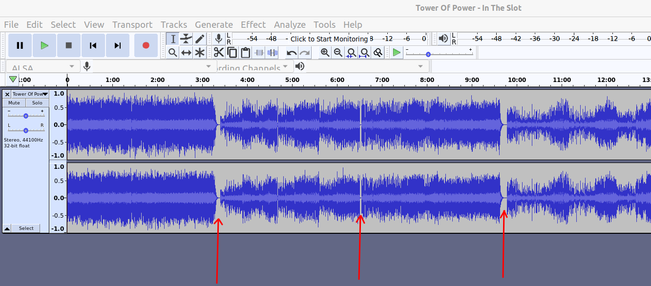 Audacity Showing Track Breaks in the Audio File
